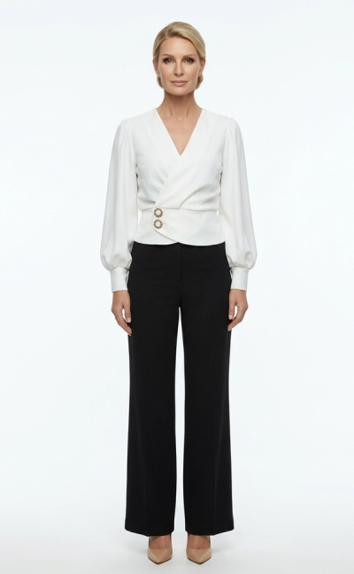 Komplet Elegancki – Bluzka Kopertowa i Szerokie Spodnie Szwedy